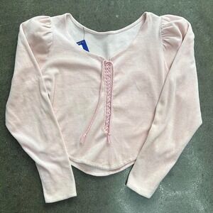 Vintage Pink Velour Lace Up Size Small Blouse Top with puff sleeves